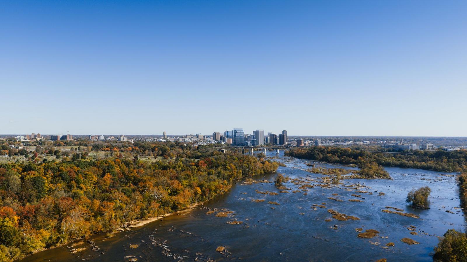 Aerial View of Richmond Skyline and James River in Fall